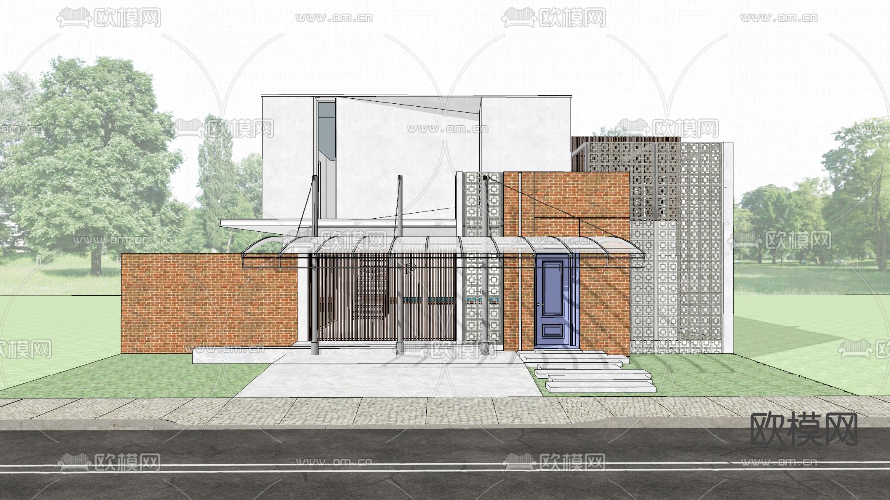 简美独栋别墅 建筑外观su模型下载（渲染图2）