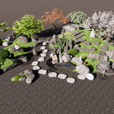 新中式汀步石庭院小品su模型