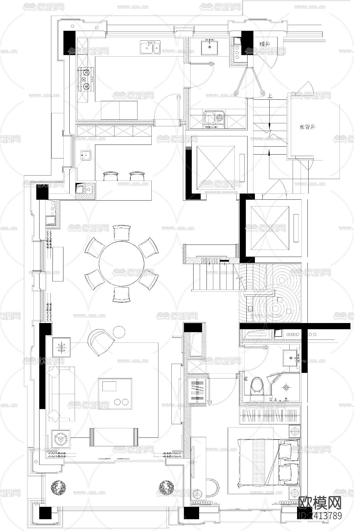 样板间平面布置cad施工图下载（渲染图2）