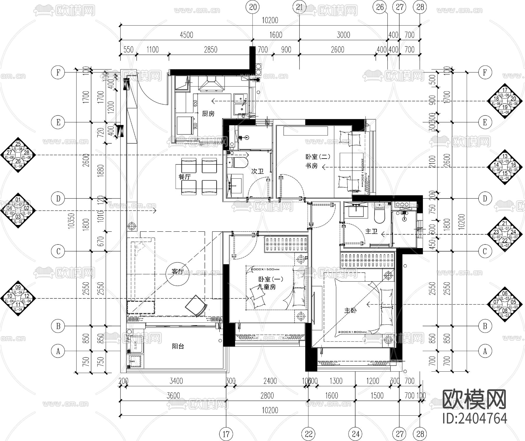 明溪花园A户型室内CAD施工图下载（渲染图1）