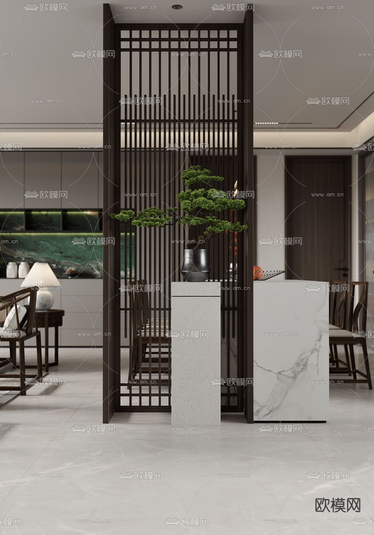 新中式客厅 餐厅3d模型下载（渲染图3）