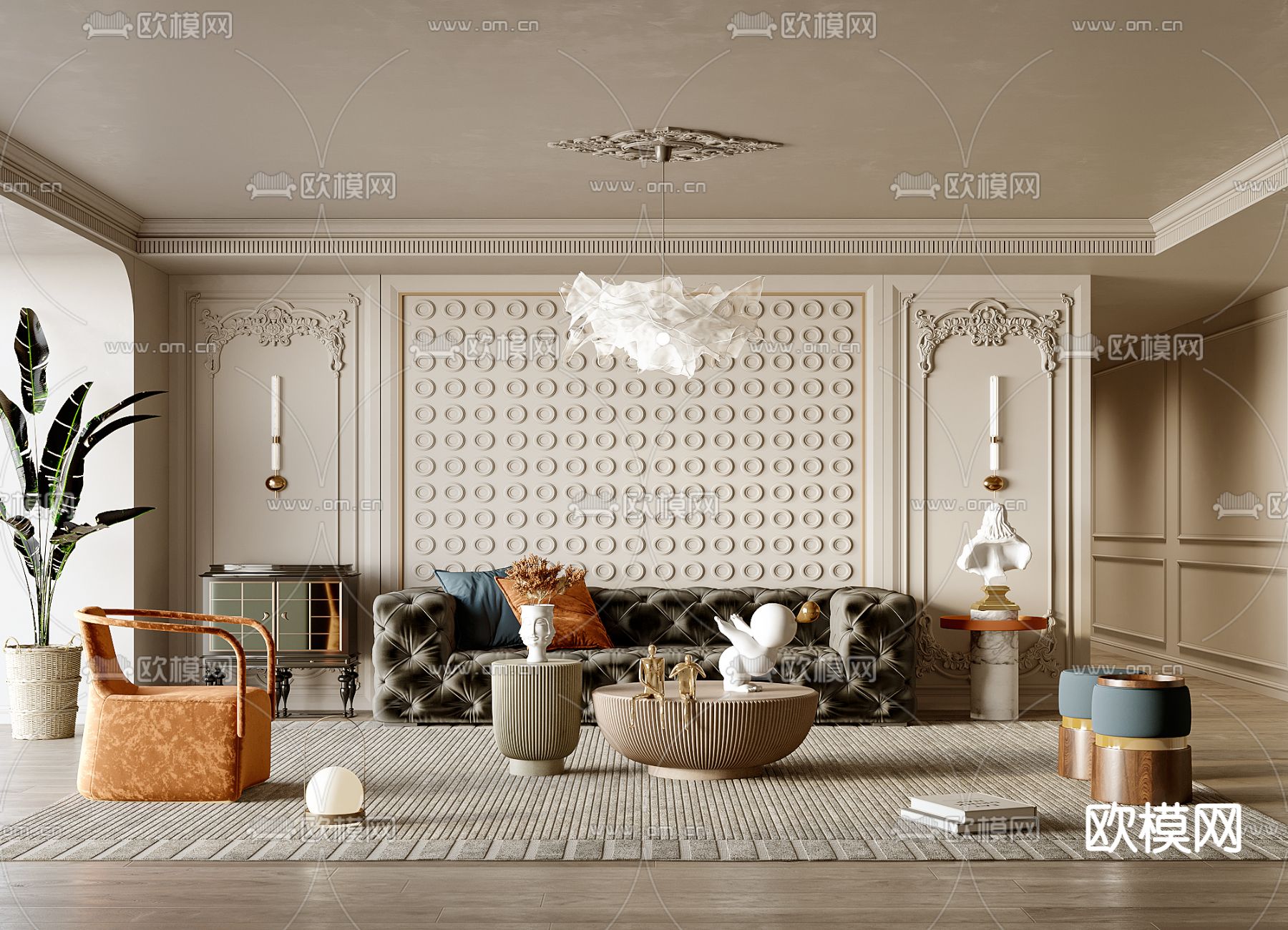 法式客厅su模型下载（渲染图1）