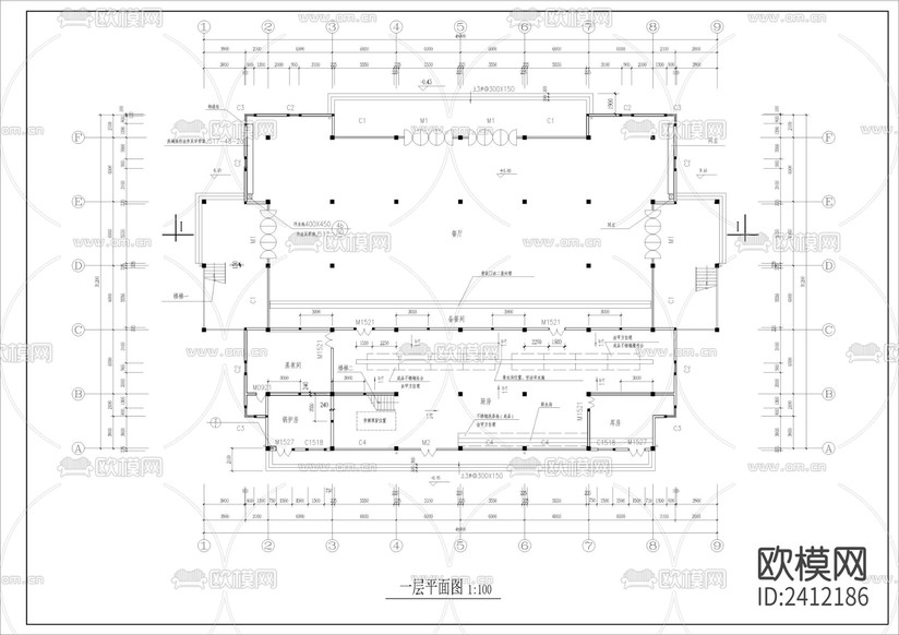 學院食堂多功能廳建筑設計cad施工圖下載(渲染圖5)