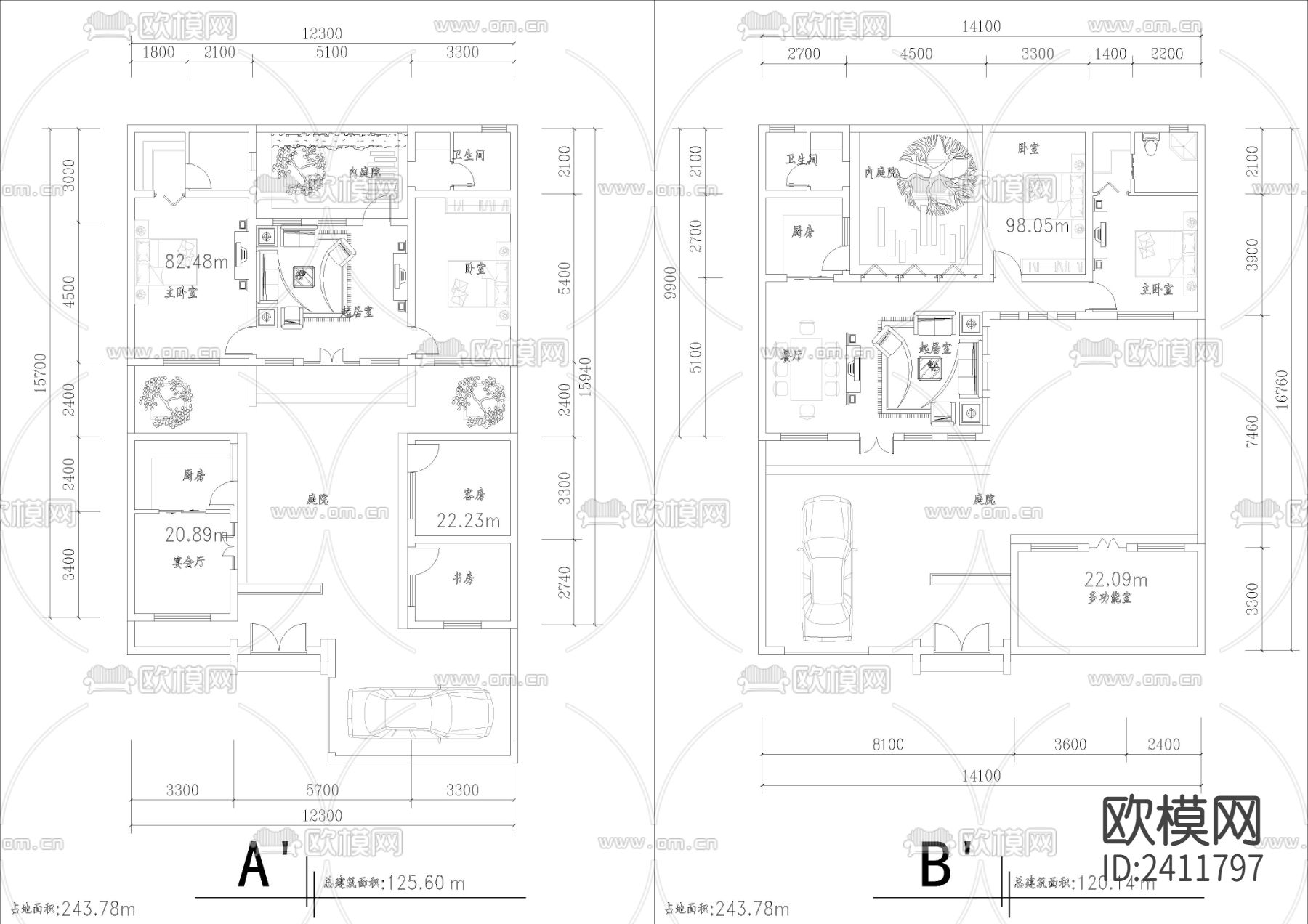12套四合院平面图cad施工图下载（渲染图3）