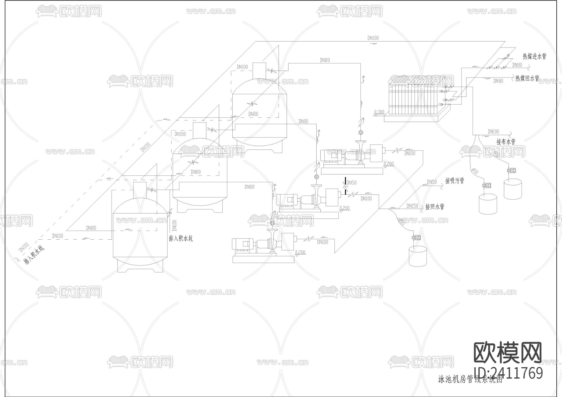 高档小区游泳池电力水系统cad施工图下载（渲染图6）