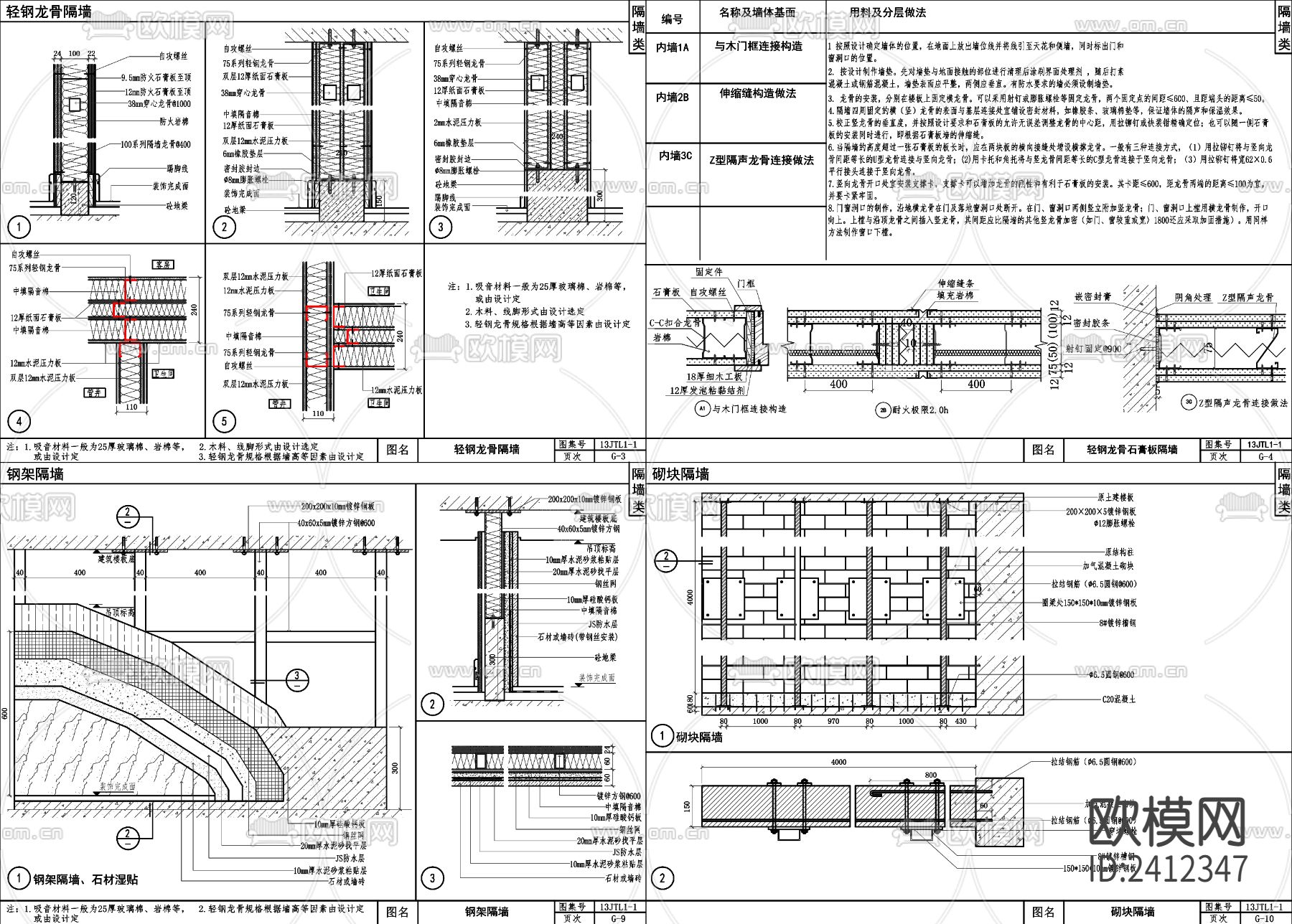 室内隔墙剖面节点设计cad施工图下载（渲染图3）