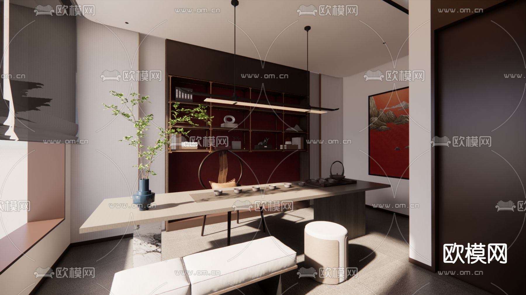 新中式茶室su模型下载（渲染图2）