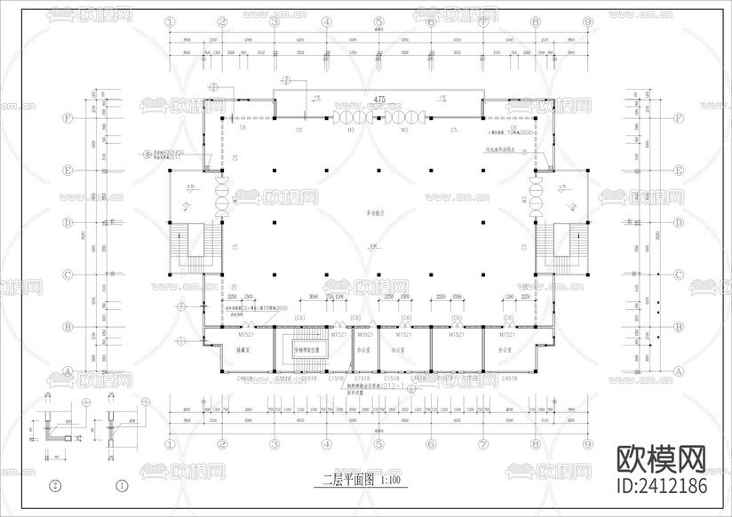 學院食堂多功能廳建筑設計cad施工圖下載(渲染圖2)