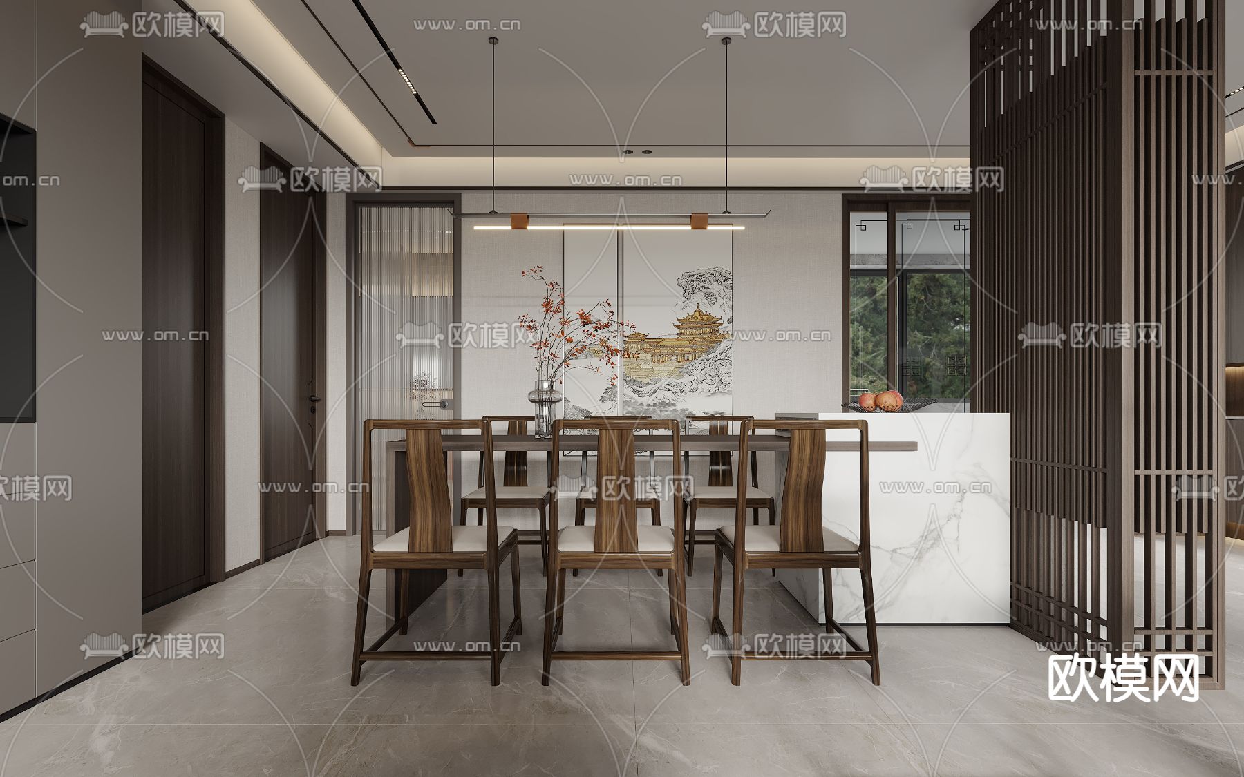 新中式客厅 餐厅3d模型下载（渲染图4）