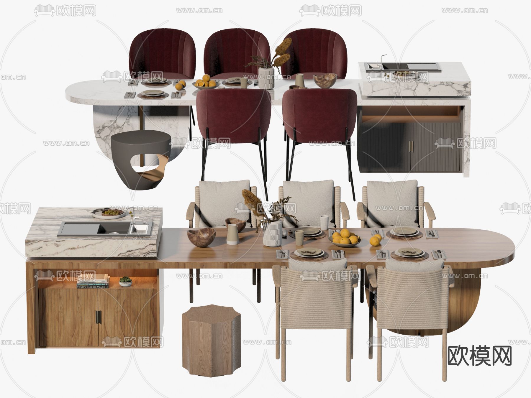 侘寂风中岛台 餐桌椅su模型下载（渲染图1）