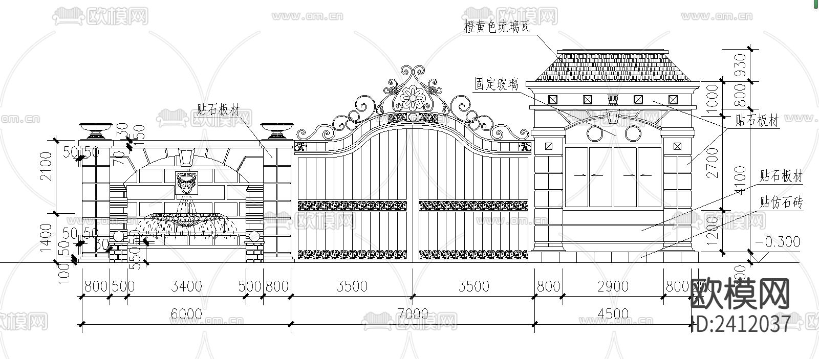 大门围墙cad施工图下载（渲染图2）