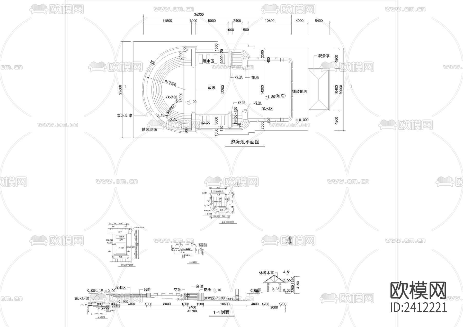 游泳池浴场cad平面图下载（渲染图4）