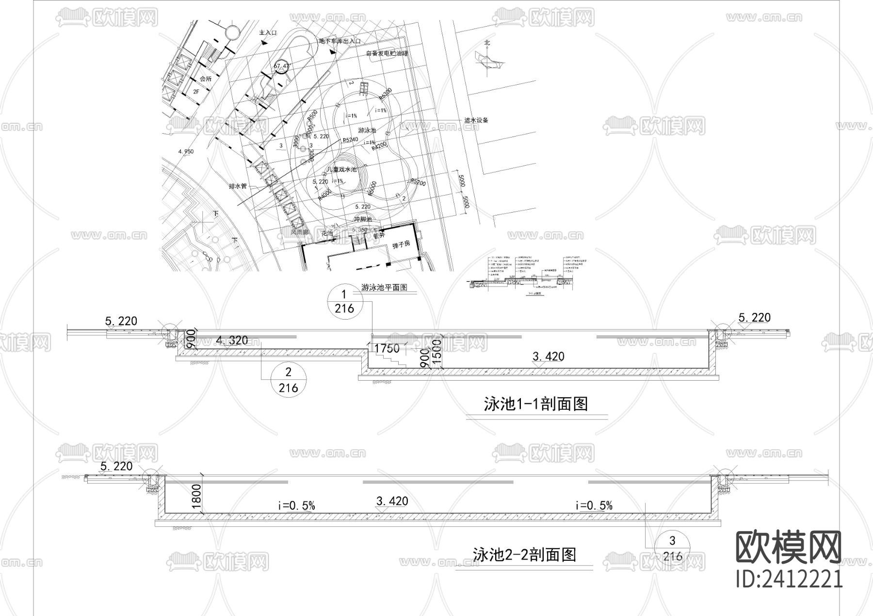 游泳池浴场cad平面图下载（渲染图3）