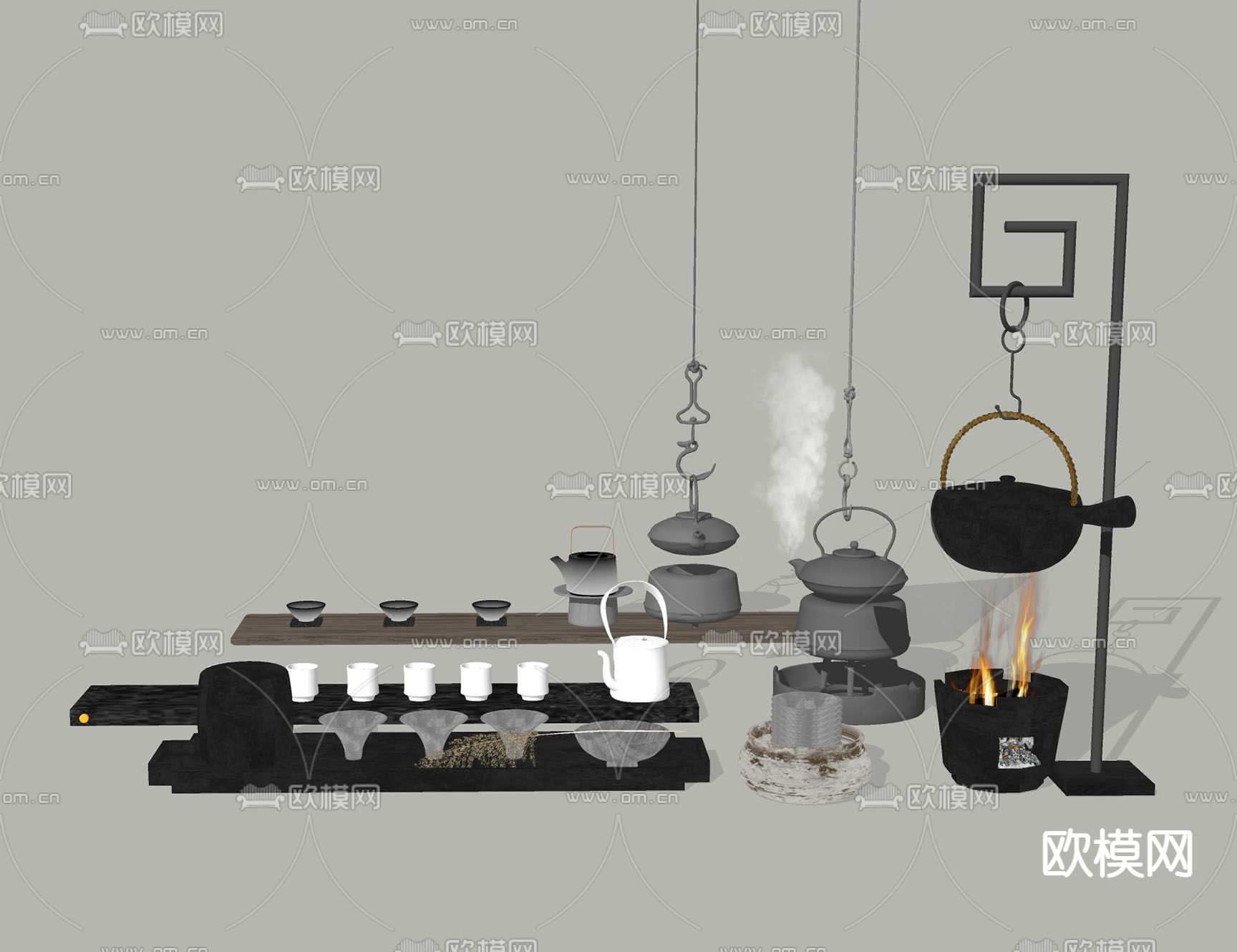 新中式悬挂茶壶  茶具 茶杯su模型下载（渲染图1）