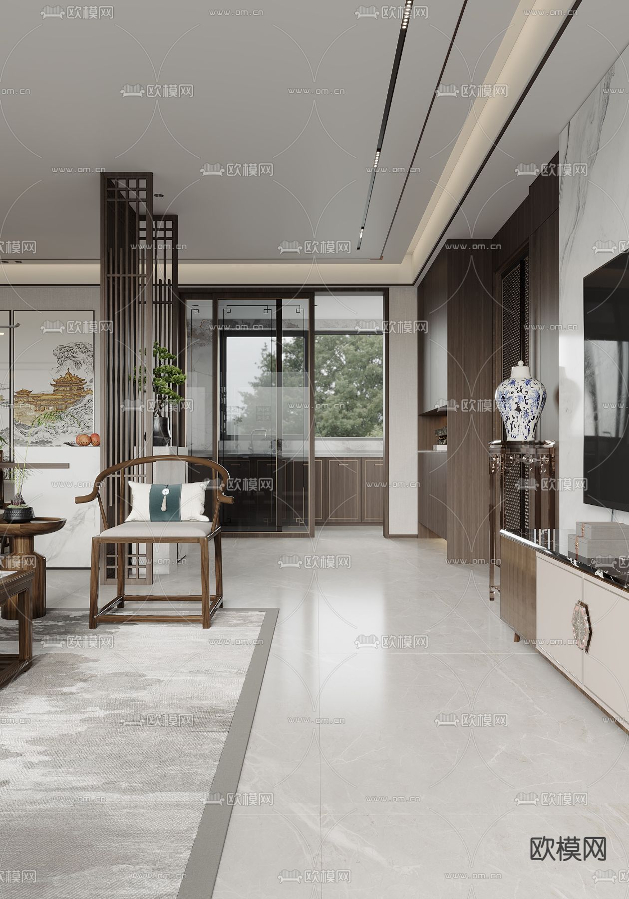 新中式客厅 餐厅3d模型下载（渲染图5）