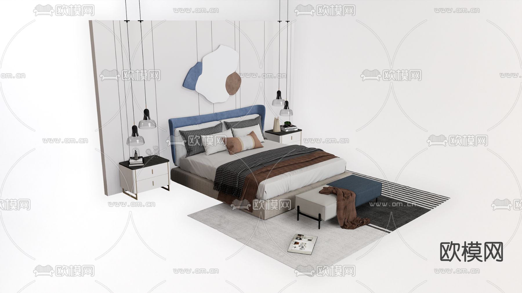 简欧双人床su模型下载（渲染图2）