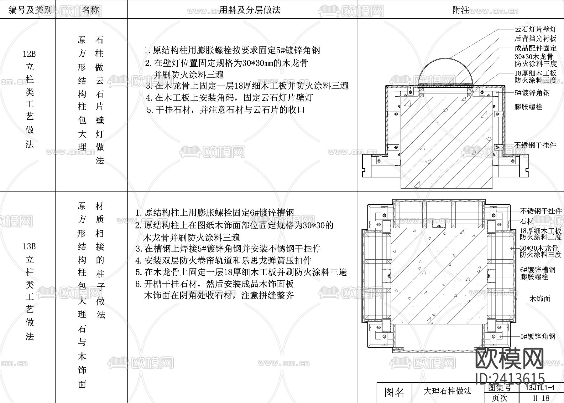 石材干挂柱 大理石柱cad大样图下载（渲染图3）