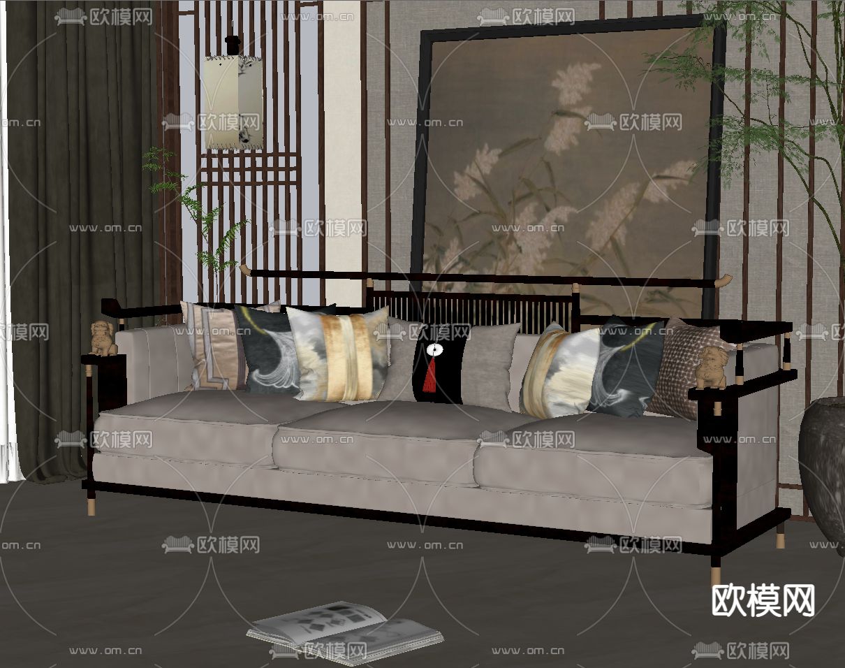 新中式三人沙发su模型下载（渲染图2）