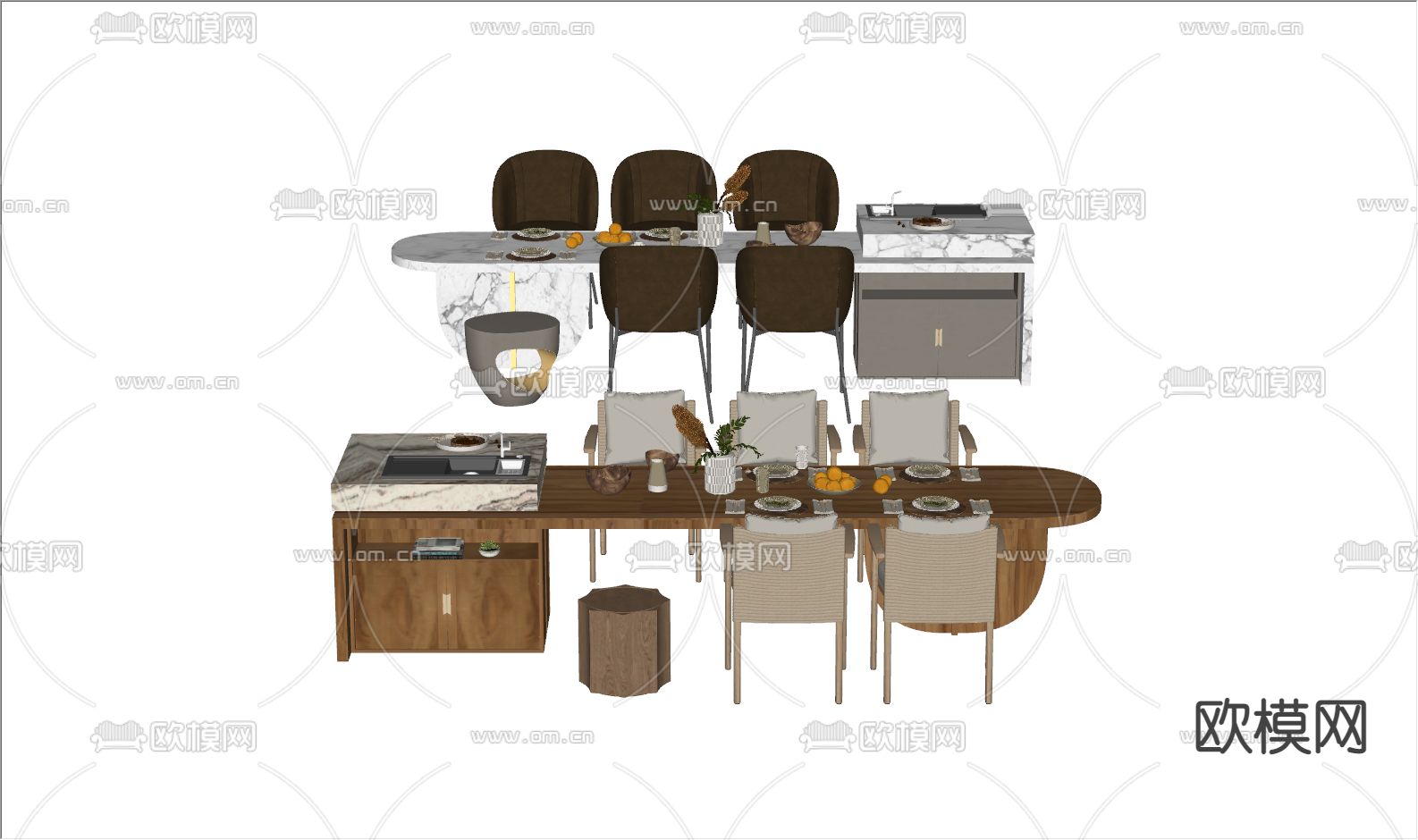 侘寂风中岛台 餐桌椅su模型下载（渲染图2）