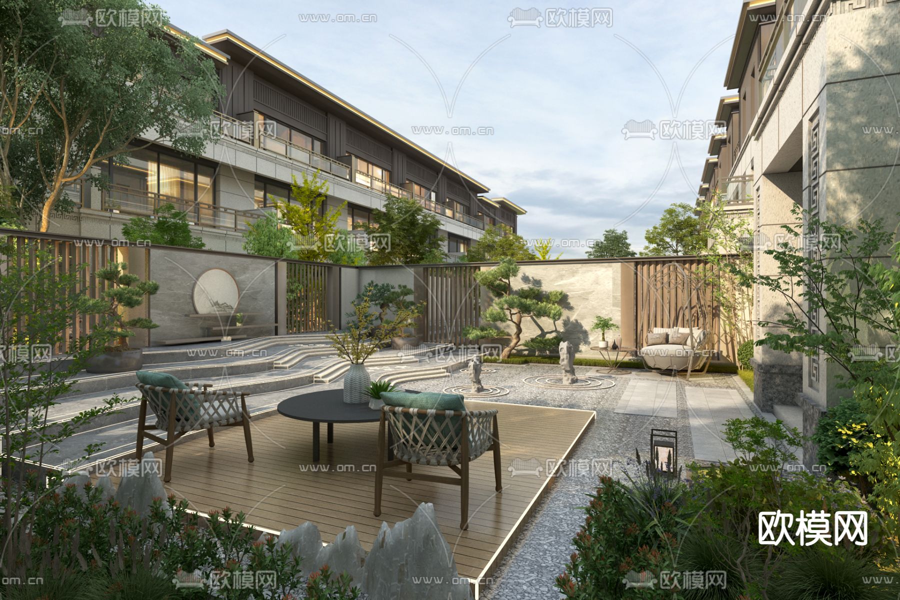 新中式别墅花园3d模型下载_ID12225101_3dmax免费模型-欧模网