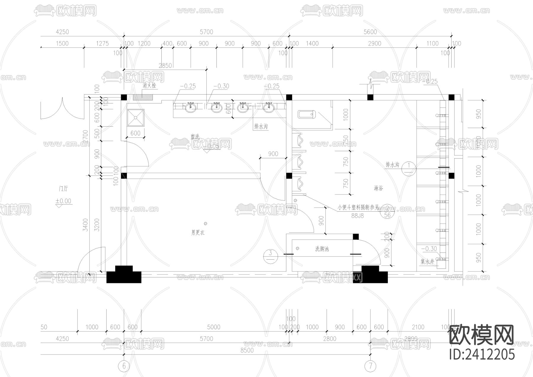 游泳池 更衣 淋浴间cad平面图下载（渲染图2）