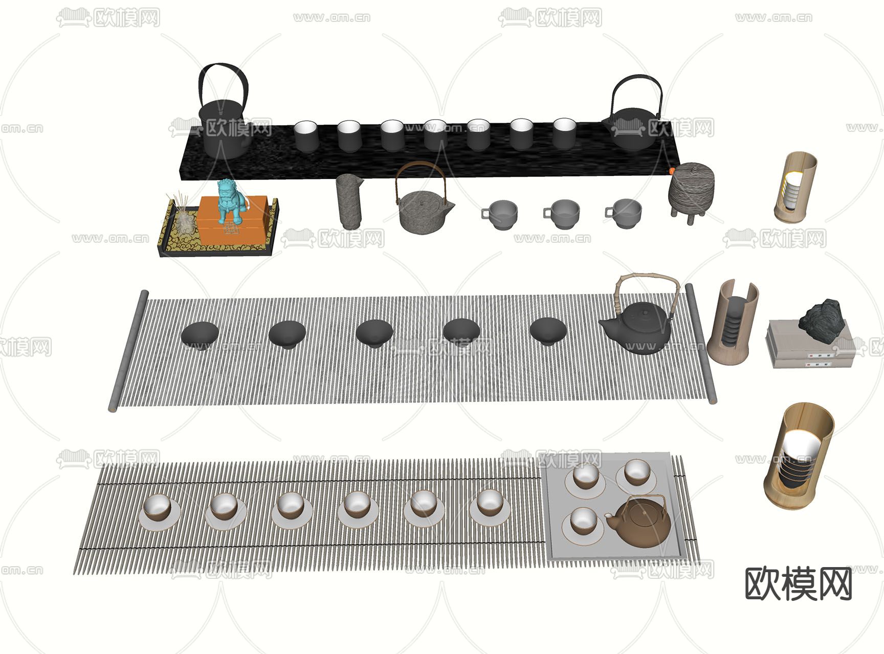 新中式茶具   茶壶 茶杯摆件su模型下载（渲染图2）