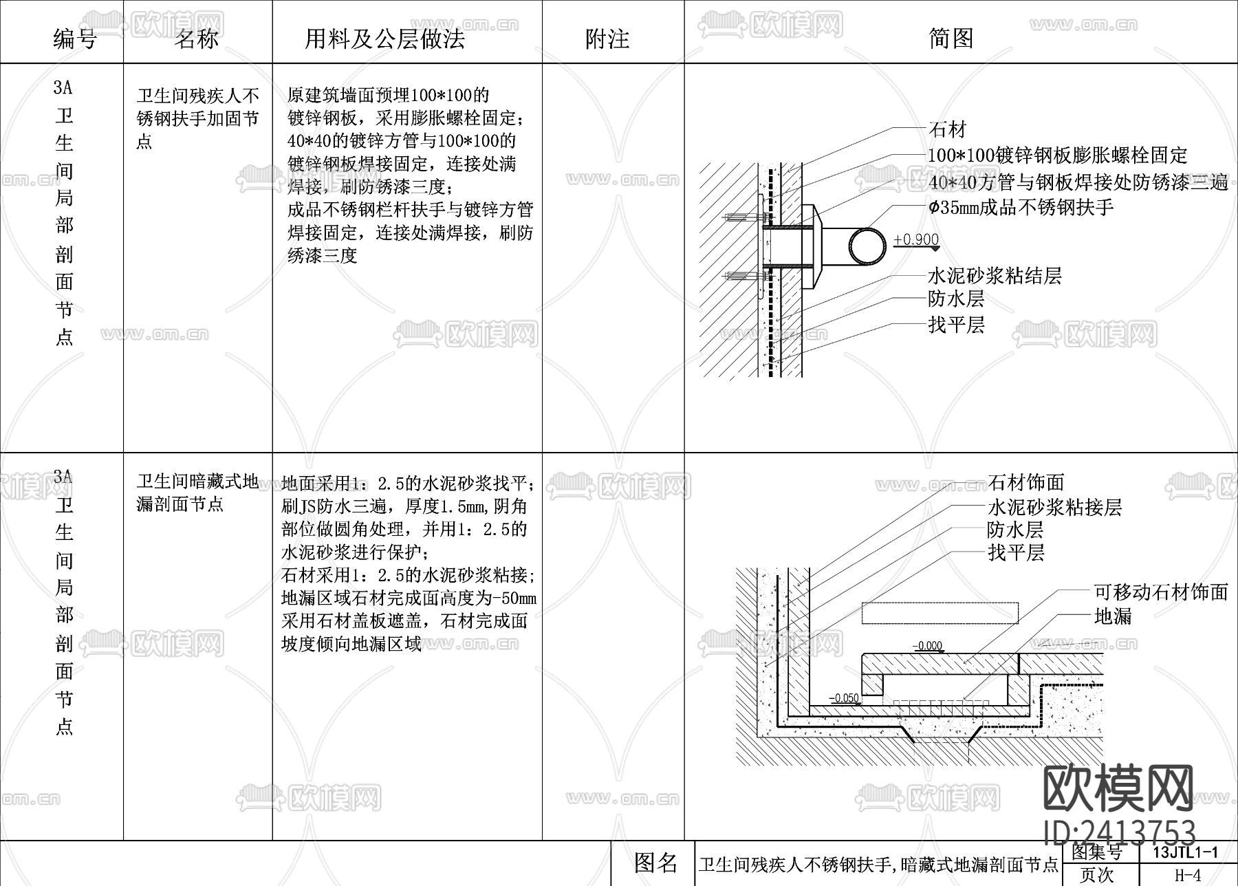 残疾人不锈钢扶手暗藏式地漏剖面节点大样下载