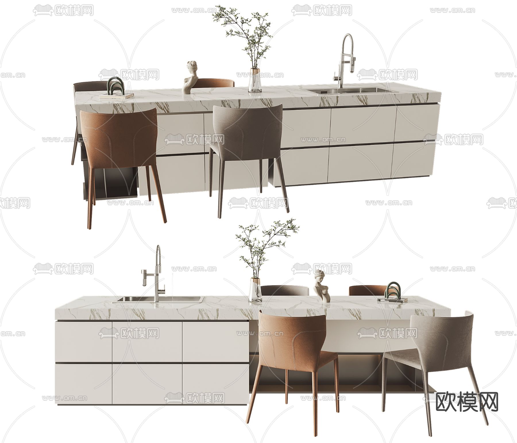 现代岛台餐桌椅3d模型下载