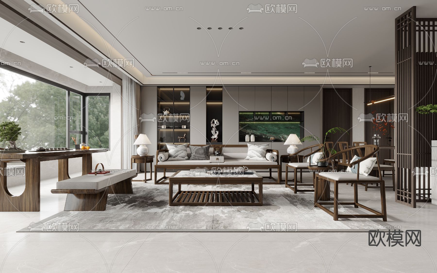 新中式客厅 餐厅3d模型下载（渲染图1）