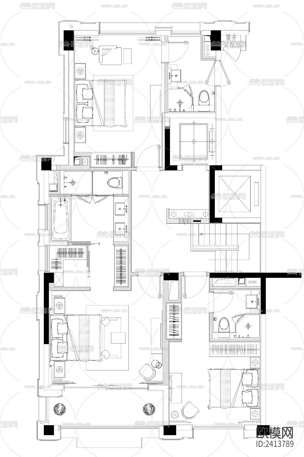 样板间平面布置cad施工图下载（渲染图1）