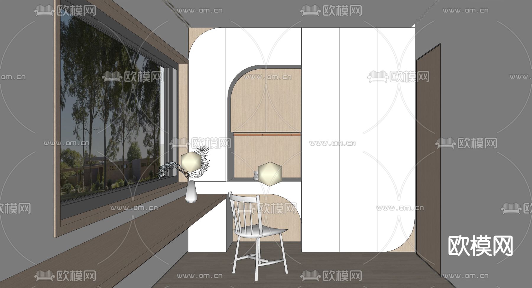 奶油风书房su模型下载（渲染图2）