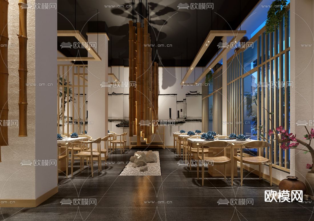 新中式餐厅su模型下载（渲染图1）