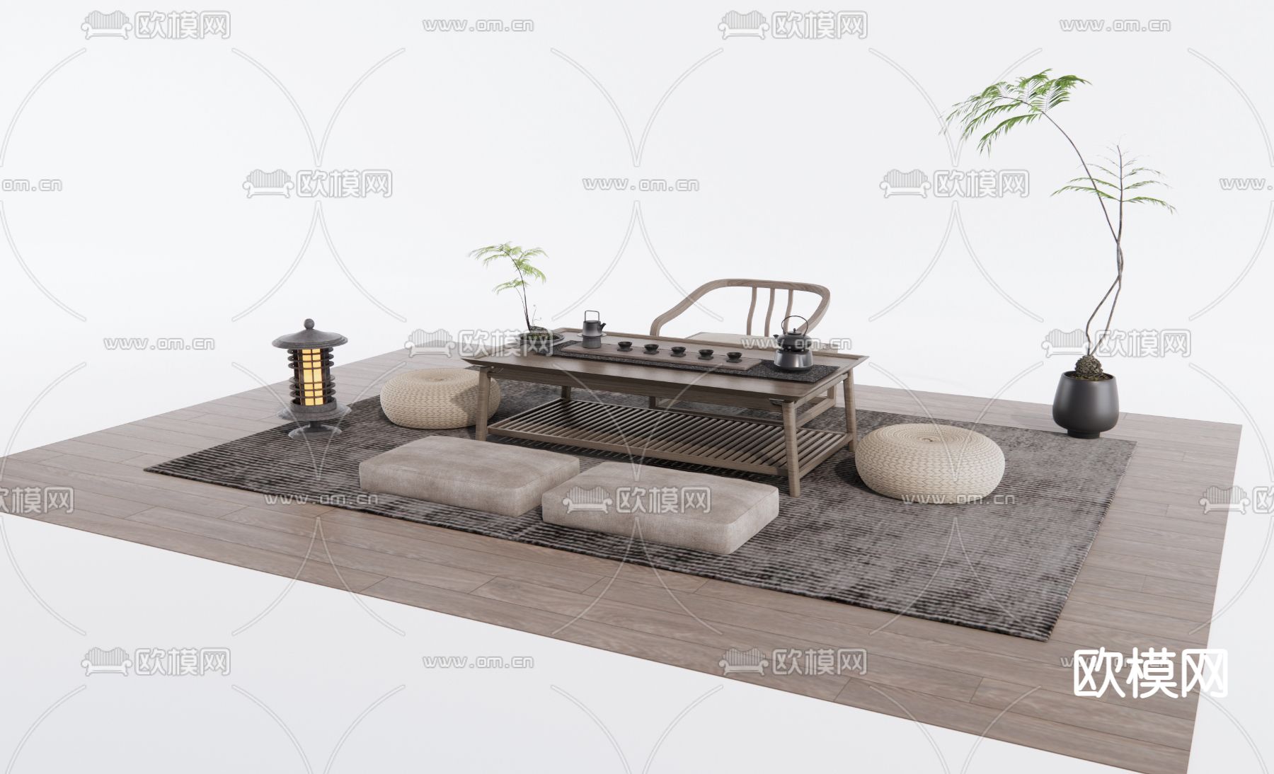 日式榻榻米茶桌椅3d模型下载（渲染图2）