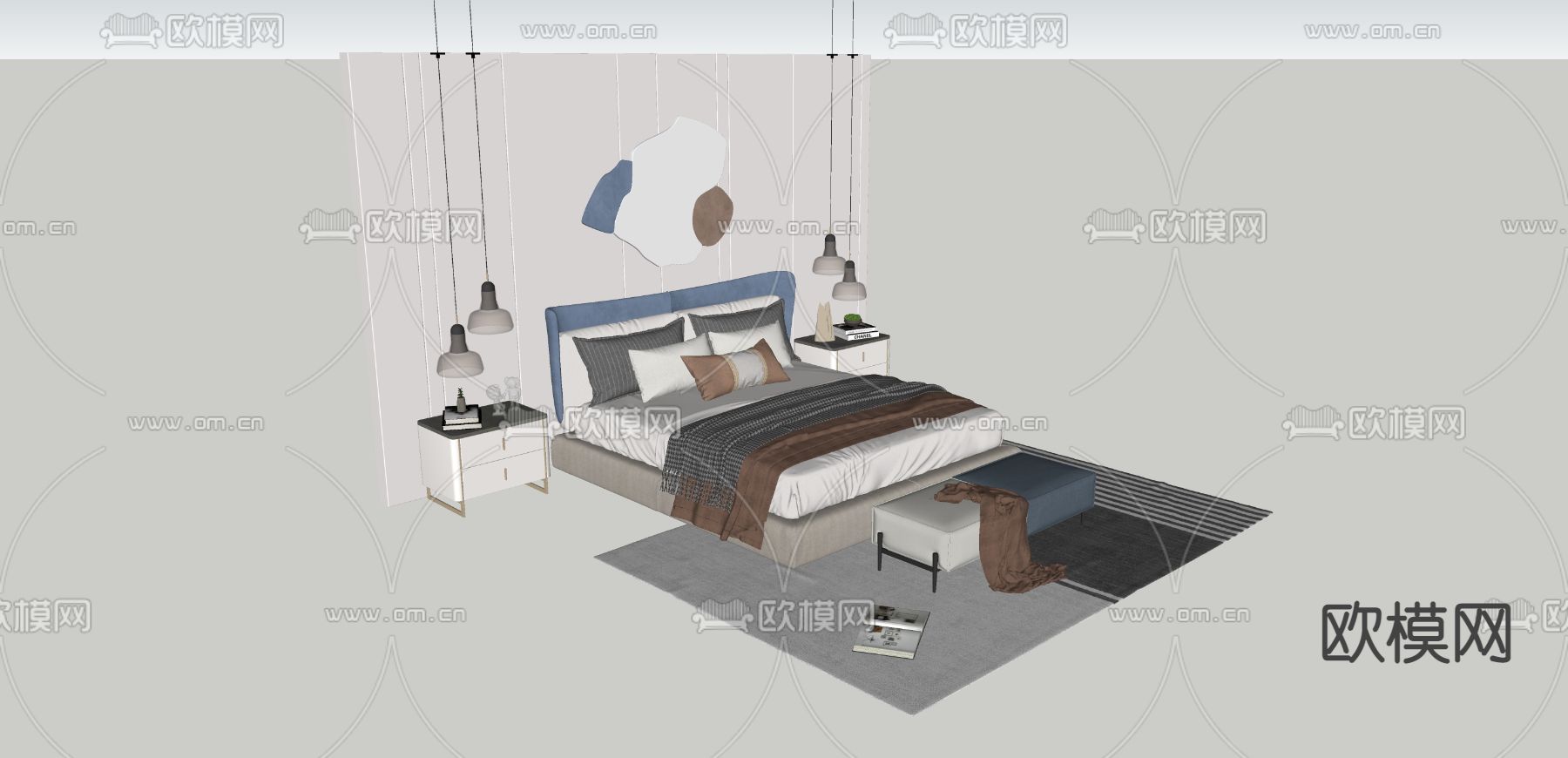 简欧双人床su模型下载（渲染图3）