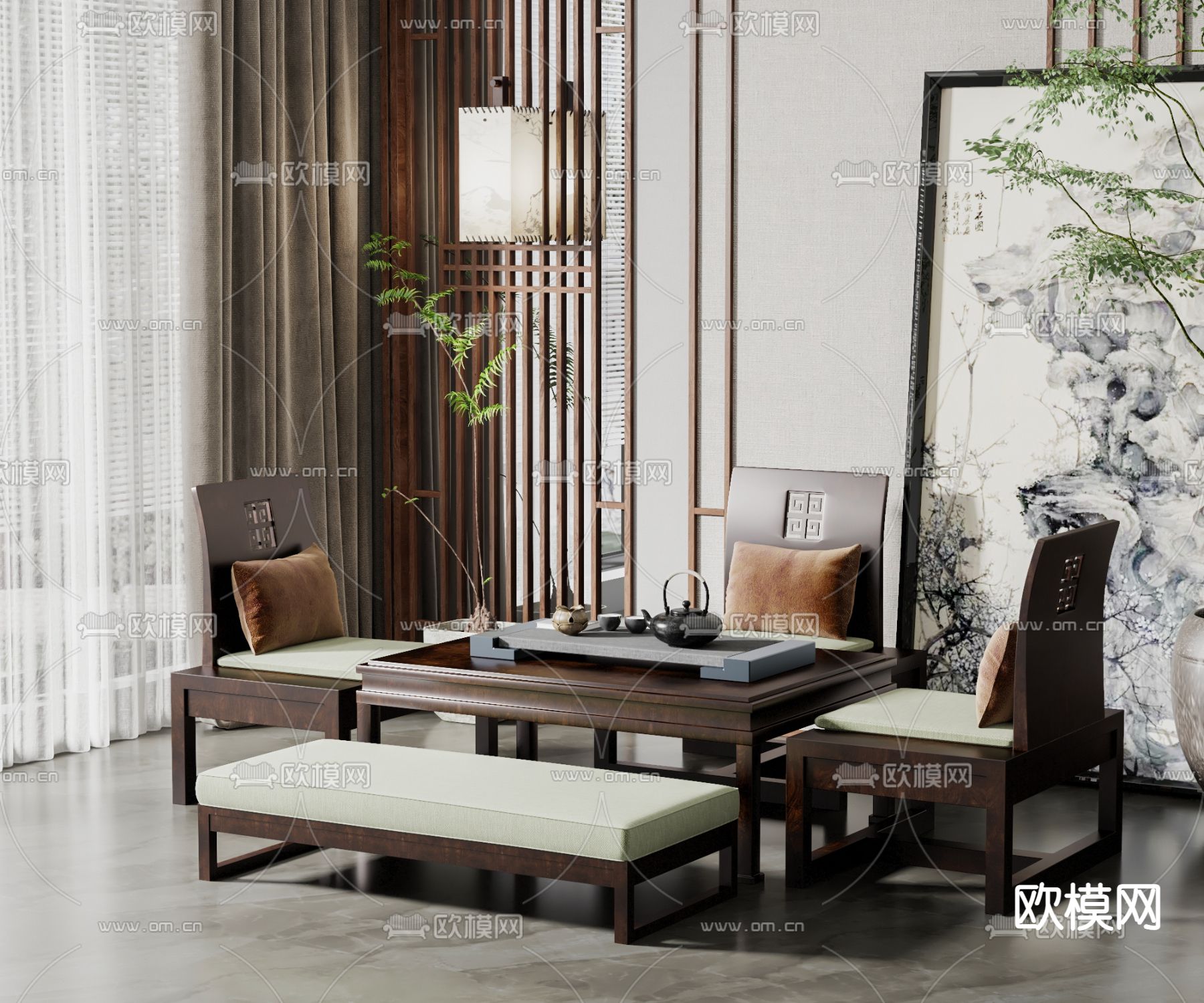 新中式茶桌椅组合su模型下载（渲染图1）