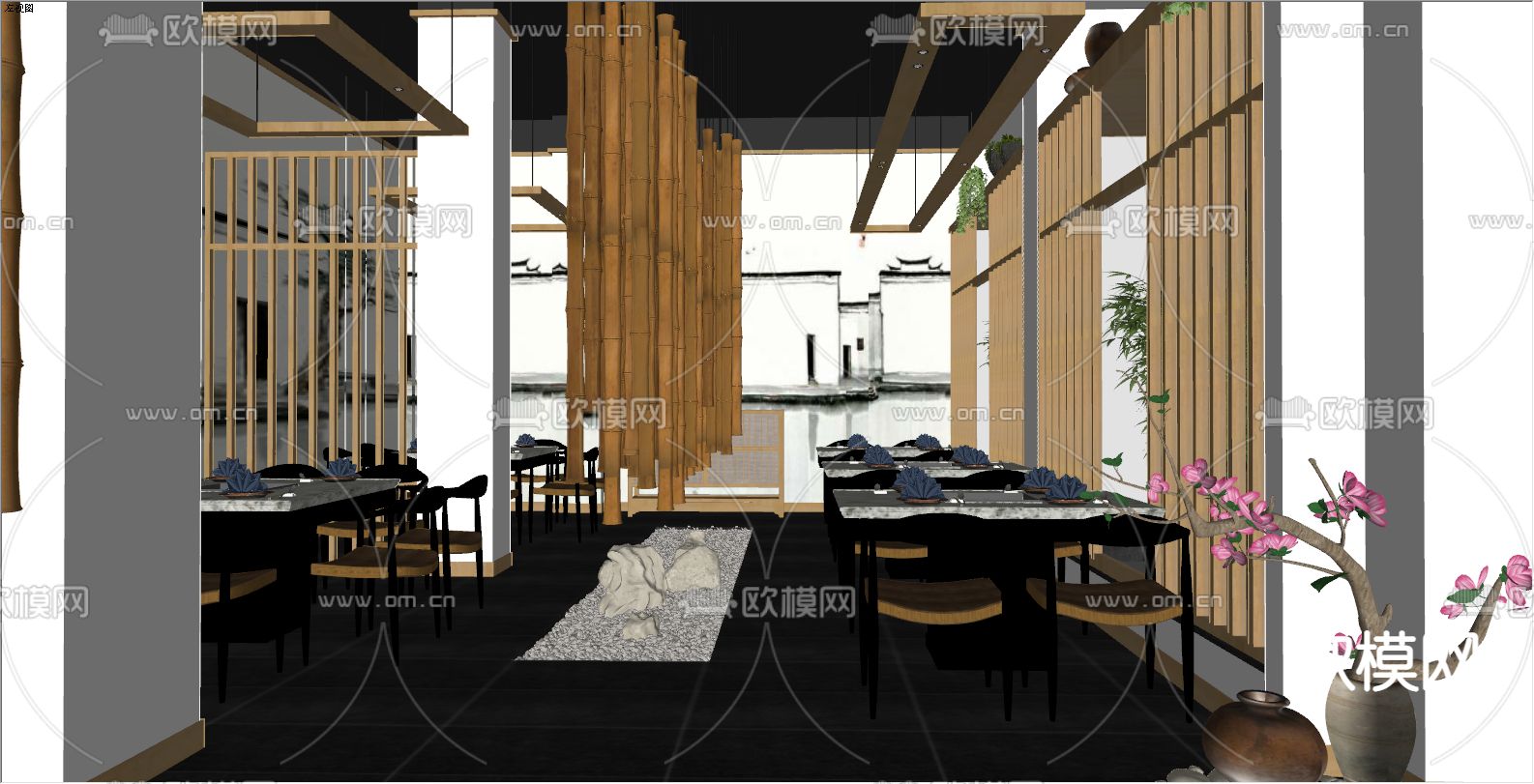 新中式餐厅su模型下载（渲染图2）