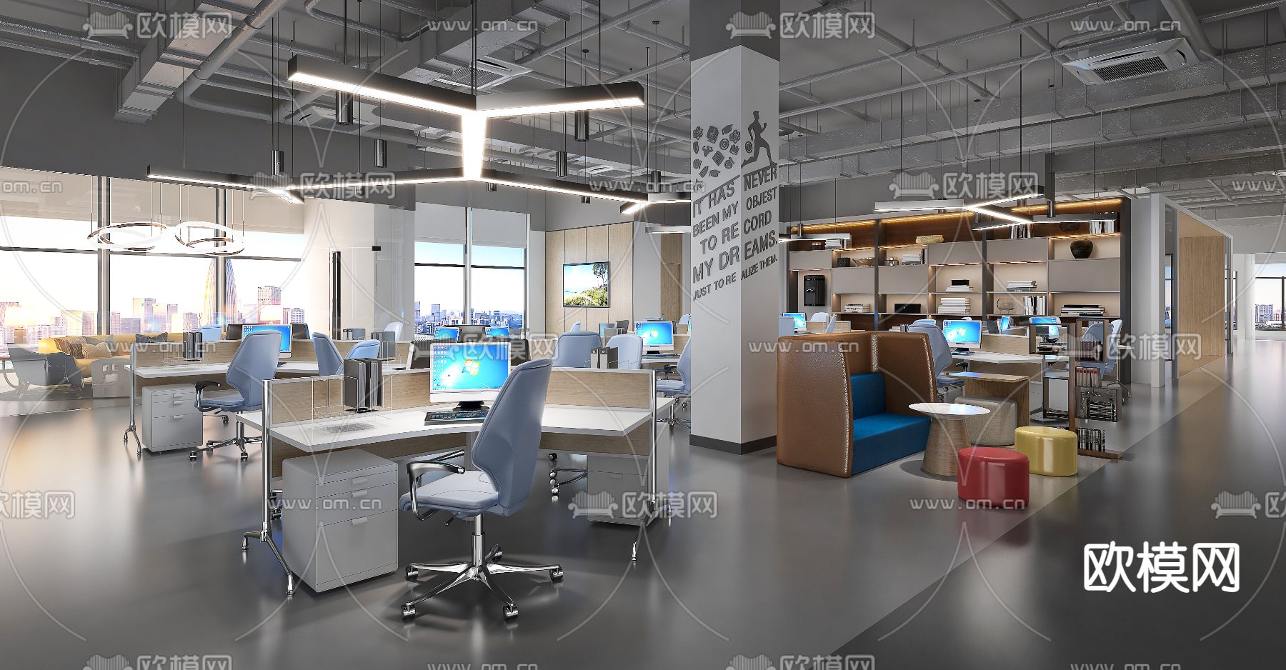 现代开敞办公区su模型下载_ID12237024_sketchup模型下载-欧模网