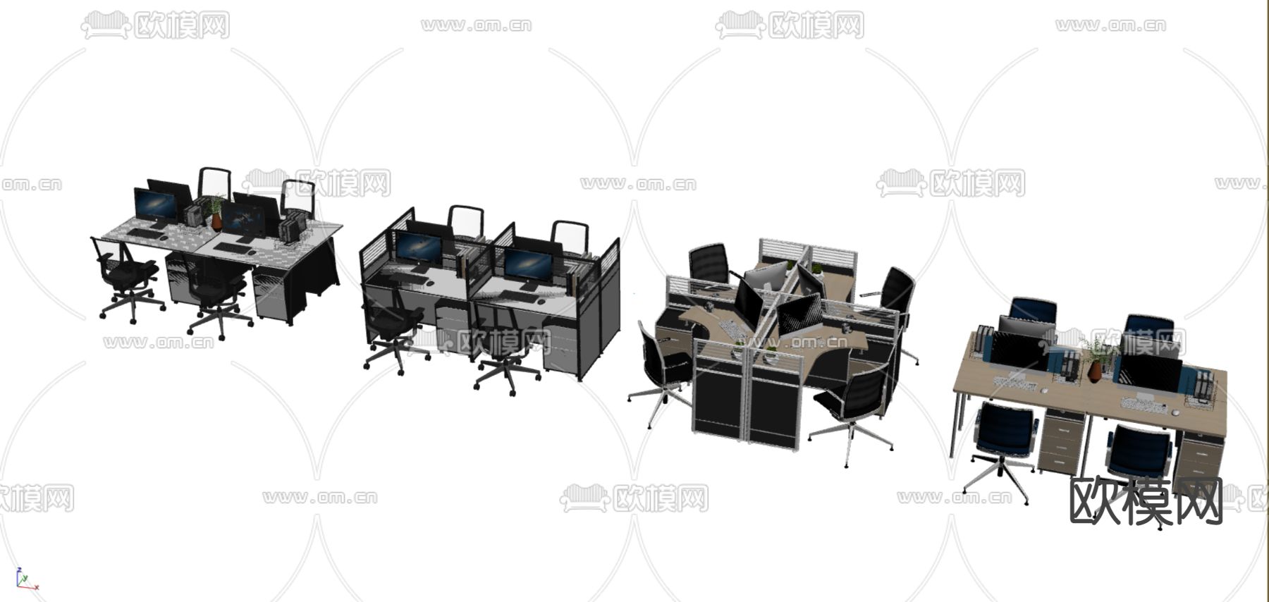卡位办公桌 转角办公桌椅su模型下载（渲染图2）
