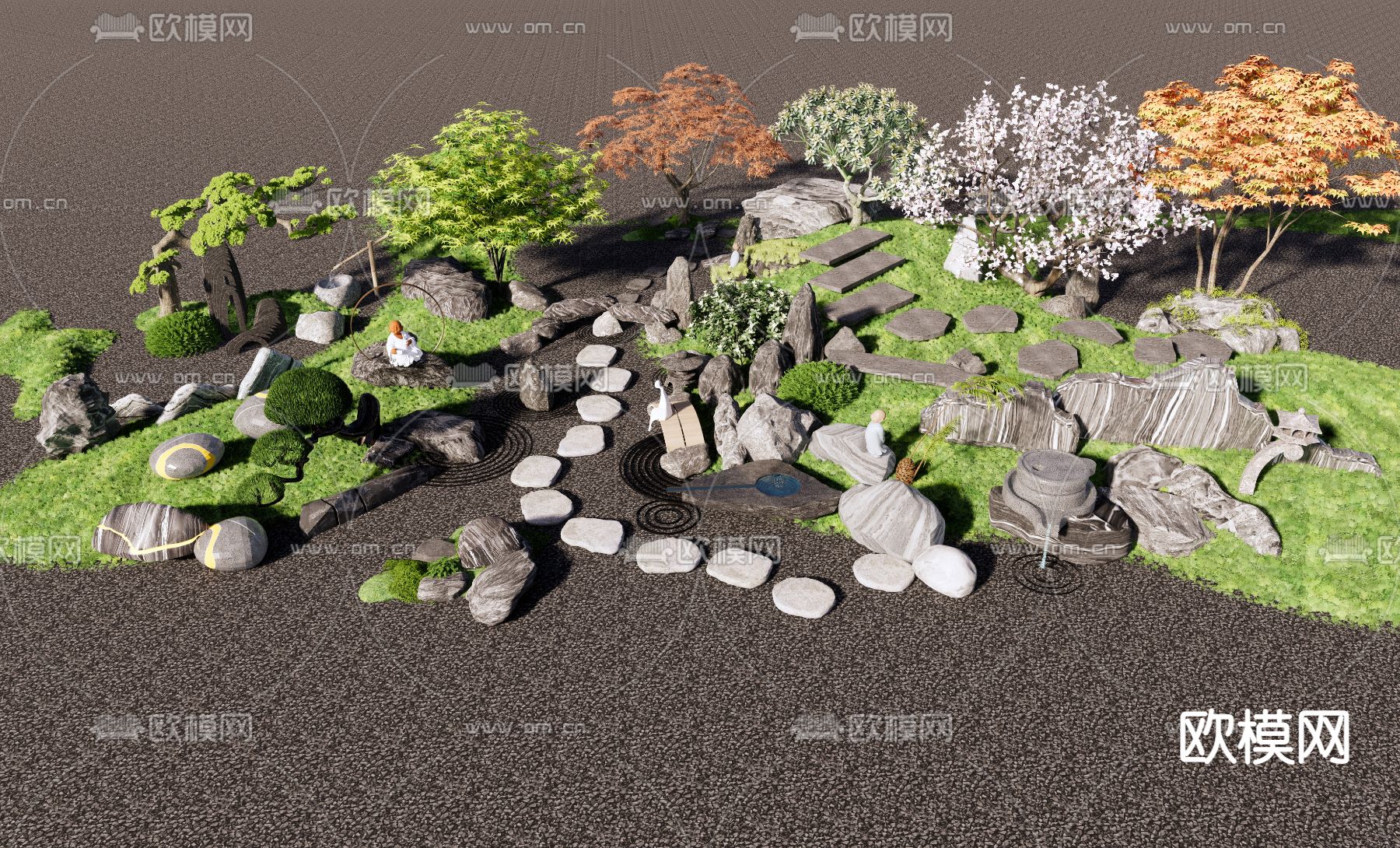 新中式汀步石庭院小品su模型