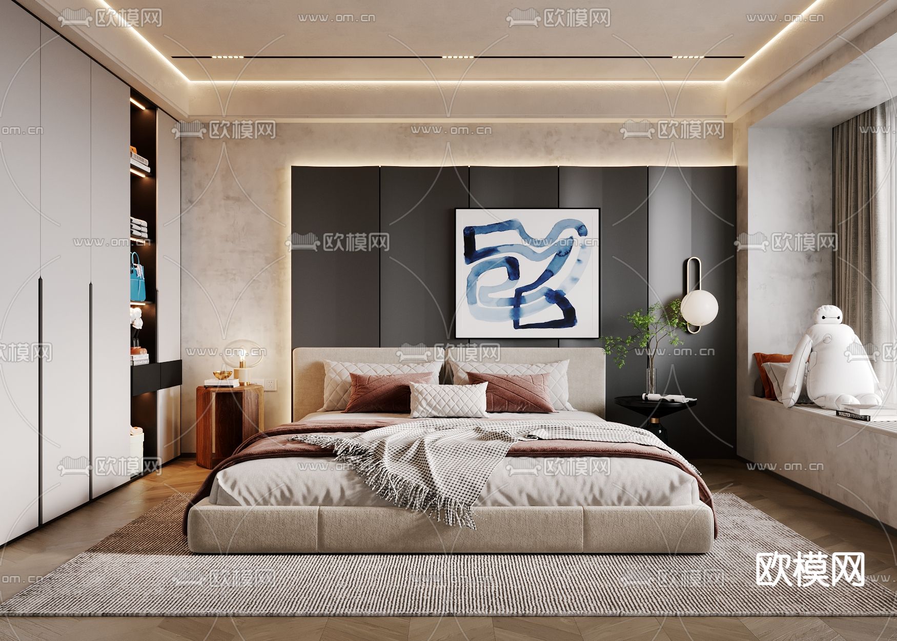现代卧室 次卧3d模型下载_ID12236840_3dmax免费模型-欧模网