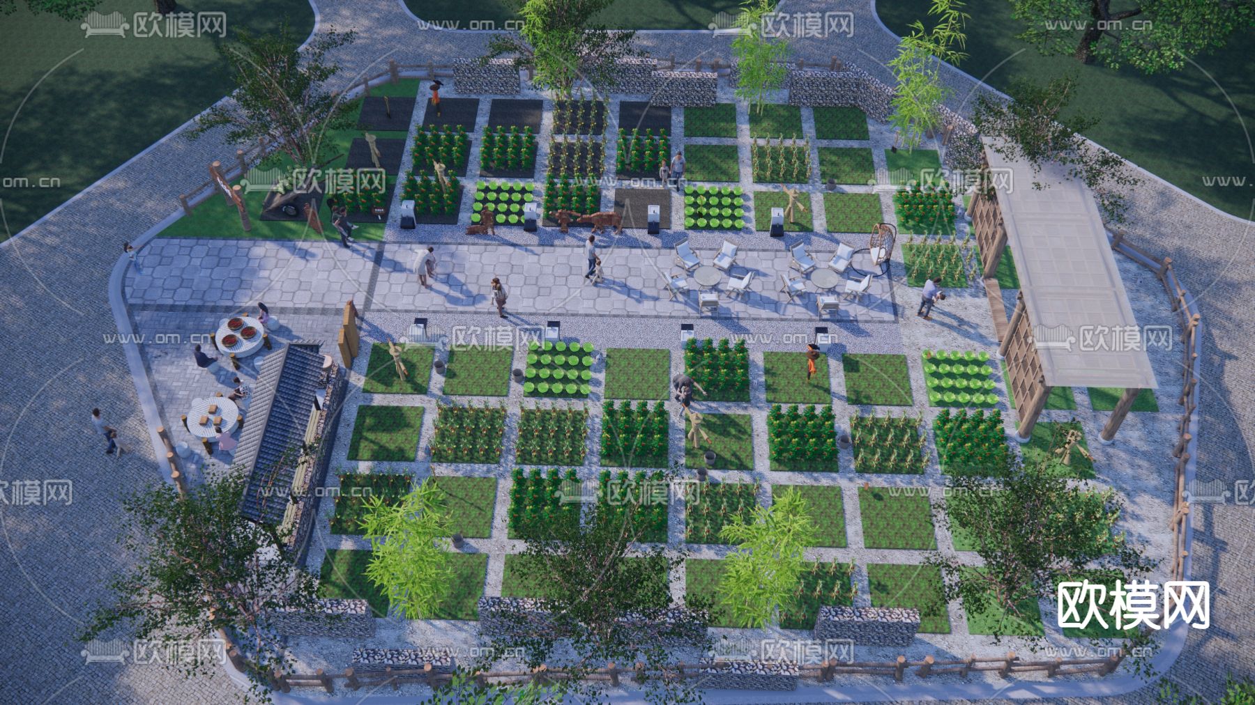 中式共享农场 农耕研学su模型下载（渲染图2）