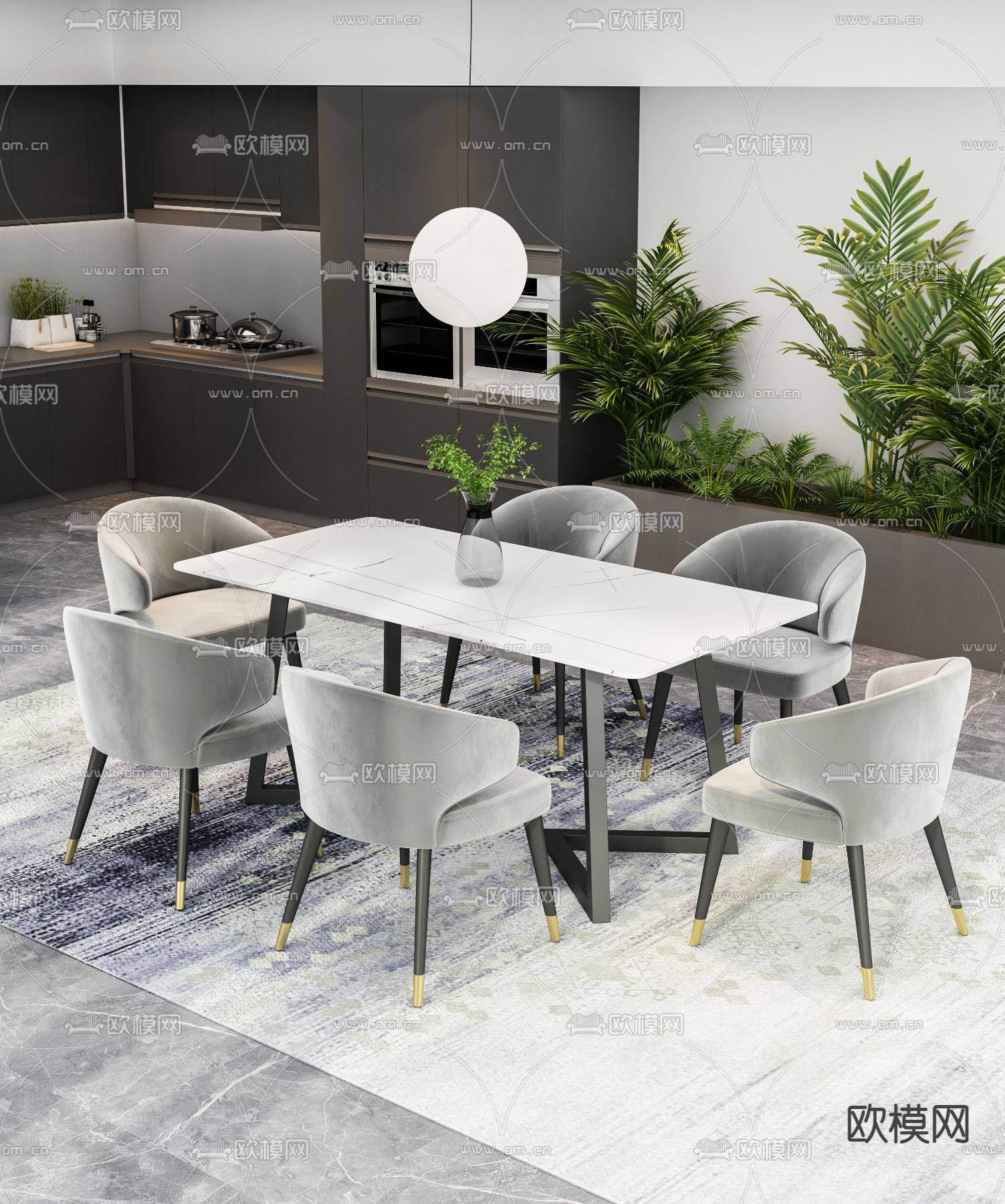 大理石餐桌椅3d模型下载（渲染图1）
