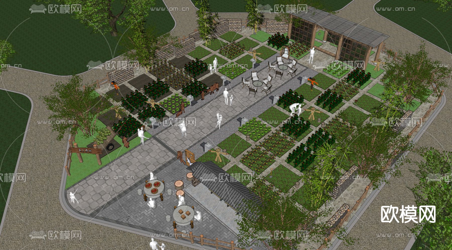 中式共享农场 农耕研学su模型下载（渲染图3）