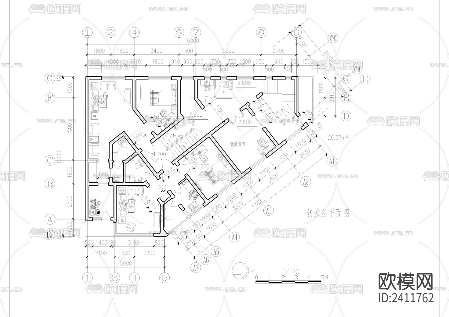 三角形地块五层自建房设计cad施工图下载（渲染图2）