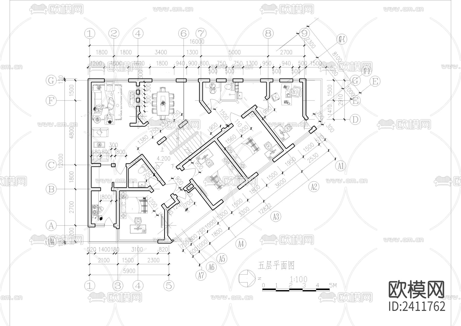 三角形地块五层自建房设计cad施工图下载（渲染图4）