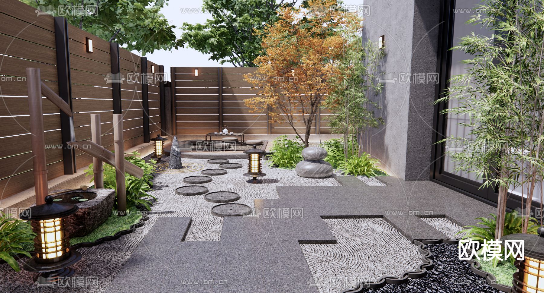 日式庭院 花园 秋景3d模型下载_ID12238512_3dmax免费模型-欧模网