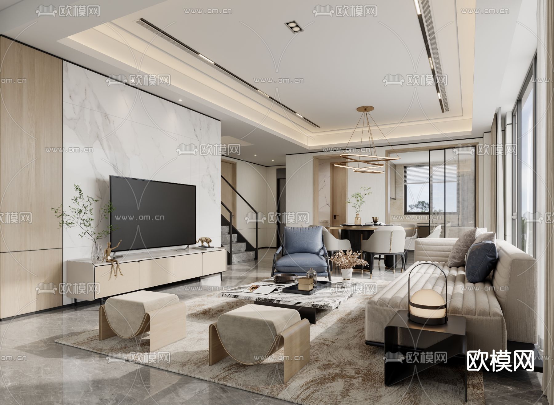 轻奢客餐厅3d模型下载（渲染图1）