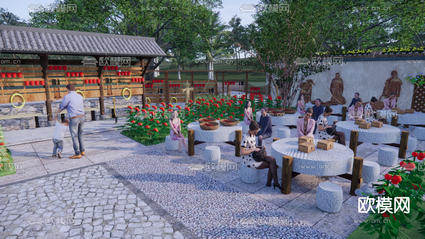 中式乡村庭院 农耕研学景观su模型下载（渲染图2）