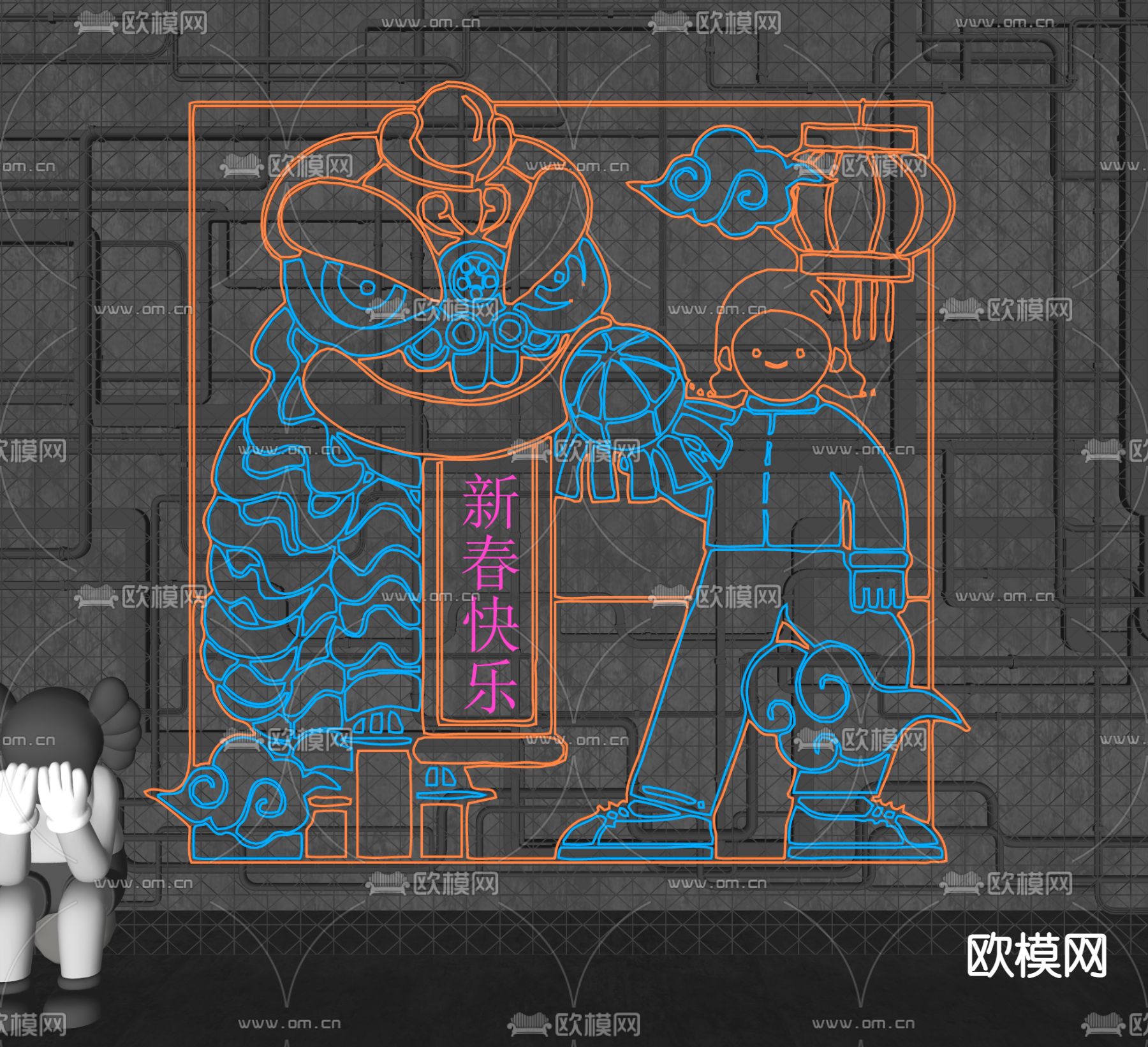 现代国潮霓虹灯su模型下载（渲染图2）