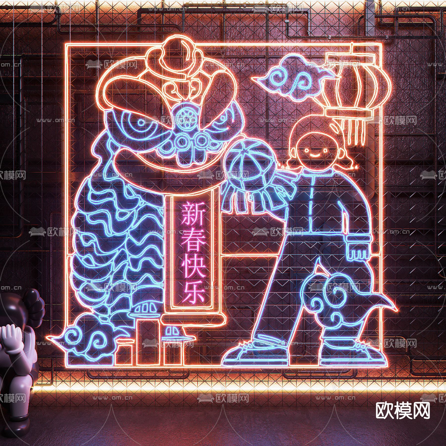 现代国潮霓虹灯su模型下载（渲染图1）